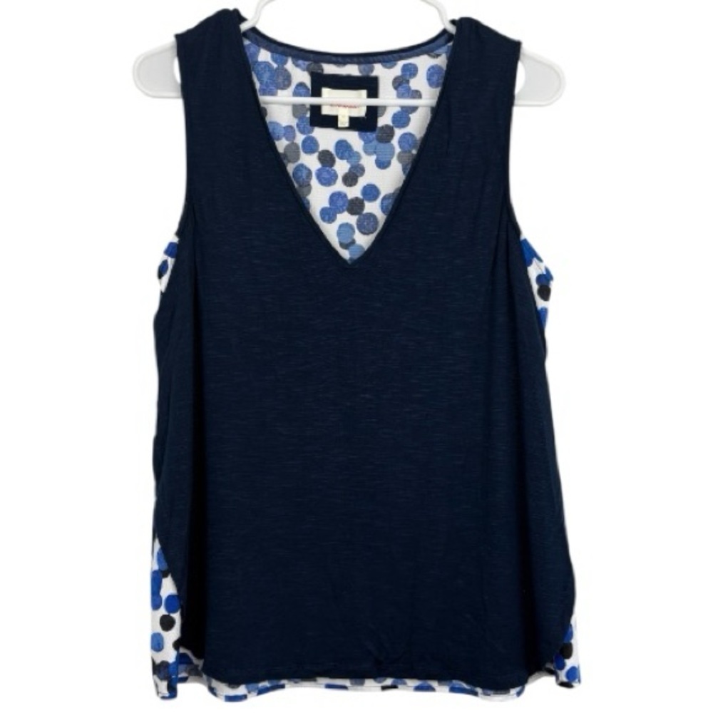 Anthropologie Deletta Navy Layered V-Neck Tank with Blue/White Dotted Trim